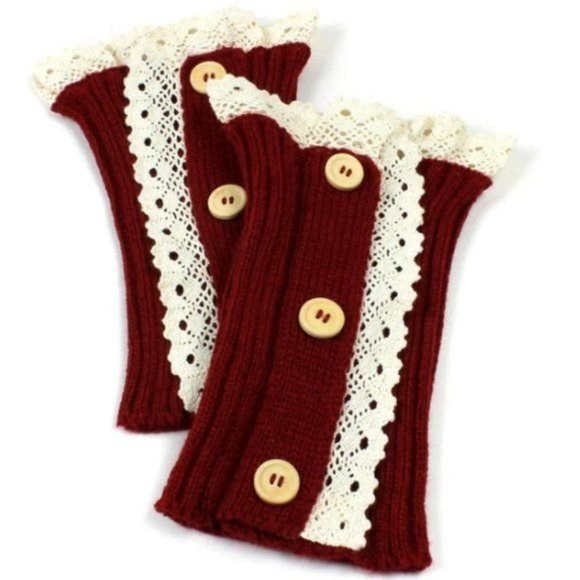Burgundy Boot Cuffs Knit Lace & Button Trim Boho Socks Toppers NWT - Picture 2 of 6
